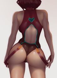 Rule 34 | 1girl, absurdres, ass, ass focus, bad id, bad pixiv id, butt crack, from behind, highres, leotard, pyra (pro swimmer) (xenoblade), pyra (xenoblade), red hair, shiny clothes, shiny skin, short hair, simple background, solo, standing, white background, xenoblade chronicles (series), xenoblade chronicles 2, zaki (zaki btw)