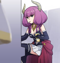 Rule 34 | 1girl, aura (sousou no frieren), black gloves, black thighhighs, breasts, can, cigarette, cleavage, commentary request, crossed legs, elbow gloves, gloves, grey eyes, heebee, holding, holding can, horns, low-braided long hair, low-tied long hair, medium breasts, purple hair, sitting, skirt, smoking, solo, sousou no frieren, thighhighs, white skirt, zettai ryouiki