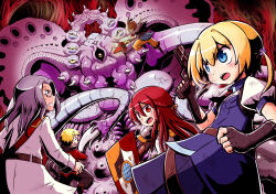 Rule 34 | 2girls, 3boys, black pants, black sclera, blonde hair, blue eyes, blue skirt, blue vest, boots, braid, brown footwear, brown gloves, character request, clenched teeth, collared shirt, colored sclera, commentary request, etrian odyssey, fingerless gloves, frederica irving, glasses, gloves, grey hair, gun, hair between eyes, handgun, highlander (sekaiju), holding, holding gun, holding weapon, jacket, long hair, monster, multiple boys, multiple girls, naga u, open mouth, orange pants, pants, parted bangs, puffy short sleeves, puffy sleeves, raquna sheldon, red eyes, red hair, red jacket, sekaiju no meikyuu, shield, shin sekaiju no meikyuu, shirt, shoes, short sleeves, skirt, teeth, traffic cone, two side up, v-shaped eyebrows, very long hair, vest, weapon, white jacket, white shirt, yellow eyes