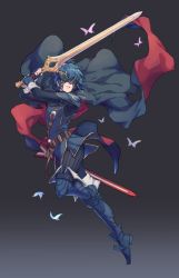 Rule 34 | 1girl, armor, belt, blue cape, blue eyes, blue hair, boots, bug, butterfly, cape, commentary, english commentary, faithom, falchion (fire emblem), fingerless gloves, fire emblem, fire emblem awakening, gloves, highres, bug, long hair, lucina (fire emblem), nintendo, red cape, revision, sheath, short hair, shoulder armor, sword, thigh boots, thighhighs, watermark, weapon