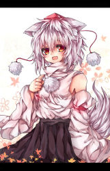 Rule 34 | 1girl, animal ears, bad id, bad pixiv id, cherry blossoms, clenched hand, detached sleeves, fang, female focus, hand on own chest, hat, high collar, highres, inubashiri momiji, leaf, letterboxed, looking at viewer, maple leaf, open mouth, pom pom (clothes), red eyes, short hair, skirt, solo, tokin hat, touhou, vest, white hair, wolf ears, yudaoshan