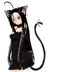 Rule 34 | animal ears, antenna hair, black eyes, black hair, cat ears, cat tail, dress, elbow gloves, eyeshadow, glasses, gloves, goth fashion, heart, leather, long hair, makeup, solo, tail, tail ornament, third-party edit, wings
