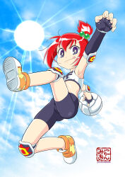 Rule 34 | 1girl, :p, ball, bike shorts, blue eyes, blue sky, bright pupils, cloud, cloudy sky, crop top, day, dodgeball, elbow gloves, elbow pads, female focus, fingerless gloves, gloves, hair bobbles, hair ornament, highres, holding, holding ball, honoo no toukyuujo: dodge danko, ichigeki danko, jumping, knee pads, looking at viewer, minion (minion20201001), one side up, red hair, shoes, sky, solo, sun, sunlight, tongue, tongue out, white pupils
