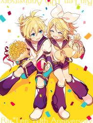Rule 34 | 1boy, 1girl, 4 (nakajima4423), :d, ^ ^, anniversary, bag, blonde hair, blue eyes, blush, bouquet, brother and sister, character name, closed eyes, confetti, dated, detached sleeves, closed eyes, fingernails, flower, from above, full body, gift, gift bag, hair ribbon, half-closed eyes, happy, highres, holding hands, kagamine len, kagamine rin, looking at another, necktie, open mouth, puffy short sleeves, puffy sleeves, ribbon, sailor collar, shadow, shirt, short hair, short sleeves, shorts, siblings, simple background, sitting, smile, twins, upside-down, vocaloid, white background, white shirt, yellow background, yellow flower, yellow neckwear, yellow ribbon