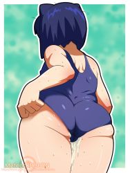 Rule 34 | 1girl, artist name, ass, ass focus, back, blue hair, clothes pull, cum, cum in pussy, feet out of frame, female focus, from behind, gluteal fold, highres, meteorreb0rn, nape, one-piece swimsuit, one-piece swimsuit pull, original, patreon logo, patreon username, pulling own clothes, school swimsuit, short hair, shoulder blades, solo, standing, swimsuit, thighs, watermark, web address