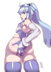 Rule 34 | 1girl, ahoge, ass, ass grab, blue eyes, bracelet, breasts, commentary request, deep skin, detached sleeves, from behind, gloves, grabbing own ass, grey sleeves, gundam, gundam build divers, hand on own ass, headgear, highres, jewelry, leotard, mecha musume, mobile doll sara, purple gloves, purple thighhighs, ryuusei (mark ii), sara (gundam build divers), silver hair, small breasts, solo, thick thighs, thighhighs, thighs, thong leotard