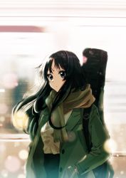 Rule 34 | 1girl, absurdres, akiyama mio, bad id, bad pixiv id, black eyes, black hair, blurry, blurry background, blush, closed mouth, clothing request, commentary, eyebrows hidden by hair, green scarf, guitar case, hands in pockets, highres, instrument case, k-on!, lens flare, long hair, long sleeves, looking at viewer, scarf, solo, standing, upper body, verse