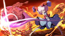 Rule 34 | 1girl, barefoot, blue dress, commentary request, curly hair, detached sleeves, dress, earrings, eye print, fighting stance, fire, foreshortening, glint, grin, highres, holding, holding spork, horizontal pupils, horn ornament, horn ribbon, horns, jewelry, meandros, medium hair, oil, oversized object, parody, patterned clothing, perspective, pointy ears, rectangular pupils, red eyes, red horns, red sleeves, ribbon, sharp teeth, sheep horns, smile, solo, spork, sunken fossil world, sunrise stance, syope, teeth, touhou, toutetsu yuuma, white hair