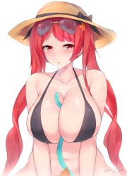 Rule 34 | 1girl, 2018, artist name, azur lane, between breasts, bikini, bikini top only, black bikini, black bow, blush, bottomless, bow, breasts, cleavage, collarbone, dated, eyewear on head, hair ornament, hair ribbon, hat, hat bow, honolulu (azur lane), honolulu (summer accident?!) (azur lane), hose, hose between breasts, huge breasts, kuavera, long hair, looking at viewer, parted lips, red eyes, red hair, ribbon, sexually suggestive, solo, star (symbol), star hair ornament, sunglasses, swimsuit, twintails, twitter username, very long hair, wet