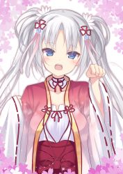 Rule 34 | 1girl, absurdres, blue eyes, choker, collarbone, hair ribbon, head tilt, highres, japanese clothes, lace-trimmed sleeves, lace trim, long hair, looking at viewer, open mouth, paw pose, pink ribbon, red ribbon, ribbon, sasakura momiji, sasakuramomizi, senren banka, silver hair, solo, tomotake yoshino, twintails, upper body
