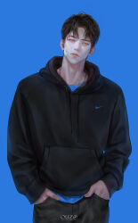 Rule 34 | 1boy, absurdres, bandaid, bandaid on face, black hair, black hoodie, blue background, closed mouth, cowboy shot, facing viewer, hands in pockets, highres, hood, hoodie, male focus, original, ouzo o0, parted hair, short hair, simple background, solo, watermark, yellow eyes