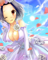 Rule 34 | 1girl, ;d, breasts, brown eyes, cleavage, dress, elbow gloves, flower, gloves, idolmaster, idolmaster (classic), large breasts, miura azusa, okemai, one eye closed, open mouth, petals, rose, short hair, smile, solo, veil, wedding dress, wink