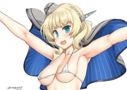 Rule 34 | 1girl, armpits, asaga aoi, bikini, bikini top only, blonde hair, blue eyes, braid, breasts, capelet, colorado (kancolle), commentary request, dated, eyepatch bikini, garrison cap, grey hat, hat, headgear, kantai collection, lattice mast, medium breasts, micro bikini, open mouth, outstretched arms, short hair, side braids, smile, solo, swimsuit, twitter username, upper body, white background