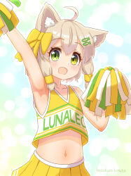 Rule 34 | 1girl, absurdres, ahoge, animal ear fluff, animal ears, arm up, armpits, artist name, bare shoulders, blue background, blush, bow, brown hair, cat ears, cat girl, cheerleader, clothes writing, collarbone, crop top, female focus, fish hair ornament, flat chest, green eyes, hair bow, hair ornament, hairclip, hand up, happy, hazakura hinata, heterochromia, highres, holding, holding pom poms, looking at viewer, midriff, miniskirt, navel, open mouth, original, outline, pleated skirt, pom pom (cheerleading), pom poms, shirt, short hair, sidelocks, signature, skirt, sleeveless, sleeveless shirt, smile, solo, standing, stomach, upper body, white outline, yellow bow, yellow eyes, yellow shirt, yellow skirt