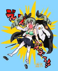 Rule 34 | 1girl, :o, ^^^, absurdres, anchovy (girls und panzer), anzio (emblem), anzio school uniform, artist name, belt, unworn belt, black belt, black cape, black footwear, black necktie, black ribbon, black skirt, blue background, blush, bow, bow bra, bra, breasts, bright pupils, cape, unworn cape, cleavage, clothes pull, commentary, dated, dress shirt, drill hair, emblem, fanta (the banana pistols), floating, floating hair, frown, girls und panzer, green bra, green hair, hair ribbon, highres, loafers, long hair, long sleeves, medium breasts, miniskirt, necktie, open clothes, open mouth, open skirt, pantyhose, pleated skirt, red eyes, ribbon, riding crop, school uniform, shirt, unworn shirt, shoe loss, shoes, unworn shoes, signature, skirt, skirt pull, solo, surprised, translated, twin drills, twintails, underwear, white pantyhose, white pupils, white shirt, wide-eyed