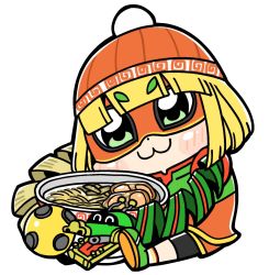 Rule 34 | 1girl, :3, arms (game), beanie, bkub, blonde hair, blush, bowl, chibi, commentary, dragon (arms), eyebrows visible through mask, food, full body, green eyes, hat, highres, holding, holding bowl, knit hat, megawatt (arms), min min (arms), noodles, orange hat, ramen, simple background, sitting, solo, white background