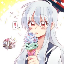 Rule 34 | !, +++, 3girls, 6 (yuchae), blue hair, blush, cirno, eating, food, fujiwara no mokou, hat, ice cream, ice cream cone, kamishirasawa keine, long hair, multicolored hair, multiple girls, red eyes, sidelocks, silver hair, solo focus, sparkle, sparkling eyes, spoken exclamation mark, market stall, tongue, tongue out, touhou, two-tone hair, upper body, wrapper