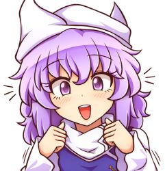 Rule 34 | 1girl, :d, blue vest, blush, clenched hands, commentary request, eyelashes, hair between eyes, hands up, letty whiterock, looking at viewer, open mouth, portrait, purple eyes, purple hair, shirt, short hair, simple background, smile, solo, touhou, vest, white background, white headwear, white shirt, wool (miwol)