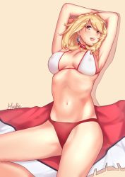 Rule 34 | 1girl, armpits, artist name, azur lane, bikini, blonde hair, braid, braided bangs, breasts, covered erect nipples, crown braid, earrings, hand on headwear, hsubo, jewelry, looking at viewer, medium breasts, medium hair, navel, open mouth, orange eyes, prince of wales (azur lane), prince of wales (sun shining upon windsor) (azur lane), sitting, sitting on lap, sitting on person, smile, solo, stomach, swimsuit, thighs, yellow background