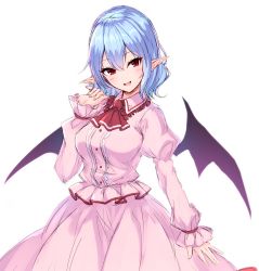 Rule 34 | 1girl, :d, ascot, bat wings, blue hair, blush, breasts, collared dress, commentary, cowboy shot, dress, fang, frills, highres, juliet sleeves, junior27016, long sleeves, looking at viewer, medium breasts, open mouth, pink dress, pointy ears, puffy sleeves, purple wings, red ascot, red eyes, remilia scarlet, short hair, simple background, smile, solo, touhou, white background, wings