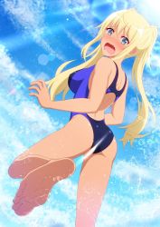 Rule 34 | 1girl, ass, bad id, bad twitter id, barefoot, blonde hair, blue eyes, blue one-piece swimsuit, blue sky, blush, cloud, commentary request, competition swimsuit, dutch angle, from behind, highres, lens flare, long hair, looking at viewer, looking back, one-piece swimsuit, open mouth, original, running, shirouzu myuuta, sky, solo, splashing, swimsuit, wavy mouth