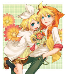 Rule 34 | 1boy, 1girl, :p, aqua eyes, blonde hair, bouquet, brother and sister, casual, dress, flower, hair ornament, hair ribbon, hairclip, hood, hoodie, junji, kagamine len, kagamine rin, open mouth, ribbon, short hair, siblings, sleeves rolled up, smile, tongue, tongue out, twins, vocaloid