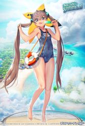 Rule 34 | 1girl, :q, bare arms, bare legs, bare shoulders, barefoot, beach, blue one-piece swimsuit, blue sky, breasts, brown eyes, brown hair, building, closed mouth, cloud, cloudy sky, collarbone, commentary request, covered navel, davi (destiny child), day, destiny child, food, forest, full body, hair between eyes, hands up, head tilt, heart, highres, holding, holding food, holding hair, kim hyung tae, lifebuoy, long hair, looking at viewer, name tag, nature, ocean, old school swimsuit, one-piece swimsuit, outdoors, palm tree, popsicle, sand, school swimsuit, sky, small breasts, smile, solo, standing, standing on one leg, swim ring, swimsuit, tongue, tongue out, translation request, tree, twintails, v-shaped eyebrows, very long hair, water, watermark