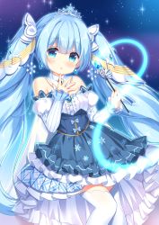 Rule 34 | 1girl, :o, bad id, bad pixiv id, bare shoulders, beamed eighth notes, blue eyes, blue hair, blue skirt, blush, commentary request, detached sleeves, eighth note, hair between eyes, hand up, hatsune miku, highres, holding, holding wand, ikataruto, juliet sleeves, long hair, long sleeves, musical note, parted lips, puffy sleeves, shirt, sidelocks, skirt, sleeves past wrists, solo, strapless, striped sleeves, thighhighs, tiara, twintails, very long hair, vocaloid, wand, white shirt, white sleeves, white thighhighs, yuki miku