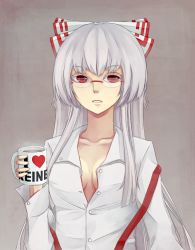 Rule 34 | 1girl, bespectacled, blouse, bow, breasts, cleavage, coffee, coffee cup, coffee mug, collarbone, colored eyelashes, cup, disposable cup, fujiwara no mokou, glasses, hair bow, hair ribbon, long hair, looking at viewer, mug, open shirt, open clothes, open mouth, red eyes, ribbon, shirt, silver hair, small breasts, solo, suspenders, touhou, upper body, very long hair, colored eyelashes