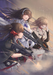 Rule 34 | 3girls, absurdres, assault rifle, between breasts, black gloves, black hair, black legwear, blonde hair, blunt bangs, blush, braid, breasts, brown eyes, bullpup, buttons, cape, choker, cleavage, closed mouth, double-breasted, dress, floating hair, flower, girls&#039; frontline, gloves, gun, hair between eyes, hair flower, hair ornament, hair ribbon, hairband, highres, holding, holding gun, holding weapon, large breasts, long hair, looking afar, looking at viewer, multiple girls, ots-14 (girls&#039; frontline), ots-14 groza, pantyhose, parted lips, pleated skirt, qbz-95, qbz-97, ribbon, rifle, shirt, sidelocks, skirt, smile, smoke, suppressor, thighhighs, twintails, type 95 (girls&#039; frontline), type 97 (girls&#039; frontline), underbust, very long hair, weapon, white gloves, white hairband, white legwear, white shirt, white skirt, wind, xyufsky, yellow eyes
