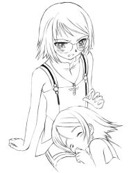 Rule 34 | 00s, 2girls, alti (simoun), angry, bare shoulders, blush, caimu (simoun), clenched teeth, closed eyes, collarbone, glasses, greyscale, jewelry, lap pillow, monochrome, multiple girls, necklace, on lap, pendant, shirt, short hair, simoun, simple background, sleeping, sleeveless, sleeveless shirt, sweatdrop, teeth, white background