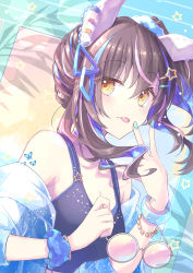 Rule 34 | 1girl, absurdres, animal ears, bare shoulders, blue hair, blue jacket, blush, bracelet, breasts, brown hair, cleavage, closed mouth, crop top, daitaku helios (umamusume), ear covers, unworn eyewear, hand up, highres, holding, holding removed eyewear, horse ears, jacket, jewelry, long hair, looking to the side, medium breasts, multicolored hair, off shoulder, scrunchie, shiohari kanna, side ponytail, solo, sunglasses, tank top, tongue, tongue out, two-tone hair, umamusume, upper body, v, wrist scrunchie, yellow eyes