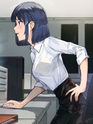 Rule 34 | 1girl, absurdres, artist name, binder, black skirt, blue eyes, blue hair, bob cut, bra, bra visible through clothes, breasts, computer, desk, from side, hand on own hip, highres, huge filesize, indoors, leaning forward, light blush, looking ahead, medium breasts, mouse (computer), office, office lady, original, parted lips, profile, see-through, shirt, short hair, sidelocks, signature, skirt, solo, standing, tetto (onnoveltet), underwear, white shirt, yellow bra