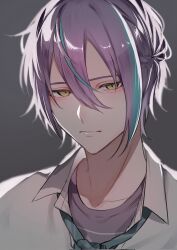 Rule 34 | 1boy, aged down, blue hair, closed mouth, collared shirt, commentary, double-parted bangs, grey background, hair between eyes, highres, kamishiro rui, looking at viewer, male focus, momiji 11 12, multicolored hair, necktie, open collar, portrait, project sekai, purple hair, shirt, short hair, simple background, solo, streaked hair, symbol-only commentary, two-tone hair, yellow eyes
