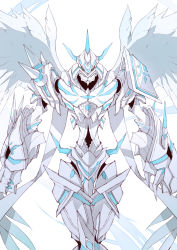 Rule 34 | 1boy, absurdres, angel wings, armor, blue eyes, digimon, digimon (creature), digimon adventure tri., grey background, highres, horns, looking at viewer, multiple horns, nateasora, omegamon, omegamon merciful mode, solo, spikes, wings