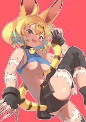 Rule 34 | 1girl, absurdres, animal ears, ass, bare shoulders, belt pouch, black choker, black gloves, black leggings, blonde hair, blue shirt, blush, breasts, cat ears, cat tail, choker, commentary, cosplay, crop top, detached leggings, extra ears, fang, fingerless gloves, fingernails, foot out of frame, gloves, hair between eyes, highres, kemono friends, leg lift, leggings, long fingernails, looking at viewer, medium breasts, midriff, ms. fortune (skullgirls), ms. fortune (skullgirls) (cosplay), open mouth, osnmykk, pouch, red background, scar, serval (kemono friends), sharp fingernails, shirt, short hair, short shorts, shorts, simple background, skullgirls, sleeveless, sleeveless shirt, smile, solo, tail, thick eyebrows, underboob, v-shaped eyebrows, yellow eyes