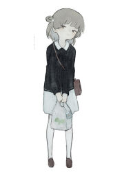 Rule 34 | 1girl, bag, bagged fish, black sweater, collared shirt, commentary request, fish, full body, grey hair, hair ornament, hatoba tsugu, head tilt, holding, holding bag, jippu (45fun), loafers, long sleeves, looking at viewer, medium hair, official alternate costume, plastic bag, shirt, shirt under sweater, shoes, shoulder bag, simple background, single hair ring, skirt, solo, standing, star (symbol), star hair ornament, sweater, translation request, tsugu (vtuber), two-handed, v arms, virtual youtuber, white background, white shirt, white skirt