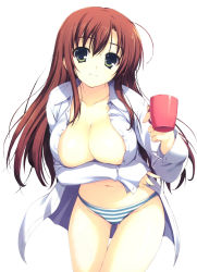 Rule 34 | 1girl, breast hold, breasts, cleavage, cup, green eyes, highres, huge breasts, large breasts, long hair, mug, open clothes, open shirt, panties, red hair, shirt, solo, striped clothes, striped panties, tomose shunsaku, underwear