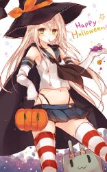 Rule 34 | 10s, 1girl, adapted object, blonde hair, blush, candy, cape, green eyes, halloween, happy halloween, hat, jack-o&#039;-lantern, kantai collection, komeshiro kasu, long hair, mouth hold, navel, rensouhou-chan, shimakaze (kancolle), solo, witch hat