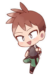 Rule 34 | 1boy, :d, backpack, bag, blush stickers, bright pupils, brown eyes, brown hair, chibi, commentary request, creatures (company), full body, game freak, green pants, hachi (hachi sin), highres, holding strap, male focus, nintendo, open mouth, pants, pokemon, pokemon lgpe, shirt, shoes, short hair, short sleeves, smile, solo, trace (pokemon), white bag, white pupils