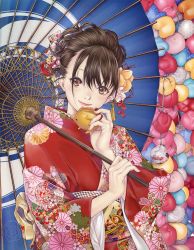 Rule 34 | 1girl, anchor, anchor hair ornament, ayako (kubu kurin), blue umbrella, boar, brown eyes, brown hair, chinese zodiac, closed mouth, commentary request, fingernails, floral print, flower, hair between eyes, hair flower, hair ornament, head tilt, highres, holding, japanese clothes, jpeg artifacts, kimono, kubu kurin, long sleeves, looking at viewer, new year, obi, official art, oil-paper umbrella, pink lips, red kimono, sash, smile, solo, tassel, temari print, umbrella, upper body, wide sleeves, year of the pig