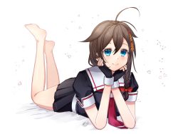 Rule 34 | 1girl, ahoge, antenna hair, arm support, barefoot, black gloves, black shirt, black skirt, blue eyes, blush, bow, braid, brown hair, closed mouth, fingerless gloves, gloves, hair between eyes, hair bow, hair flaps, hair ornament, ittokyu, kantai collection, legs up, long hair, lying, necktie, on stomach, pleated skirt, puffy short sleeves, puffy sleeves, red bow, red necktie, sailor collar, school uniform, serafuku, shigure (kancolle), shigure kai ni (kancolle), shirt, short sleeves, side braid, single braid, skirt, smile, soles, solo, white background, white sailor collar