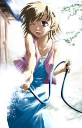 Rule 34 | 1girl, ;d, akari maki, bare shoulders, blonde hair, blue dress, blue eyes, collarbone, dress, hose, looking at viewer, one eye closed, open mouth, original, playing, short hair, simple background, sleeveless, sleeveless dress, smile, solo, splashing, text focus, vest, water, white background