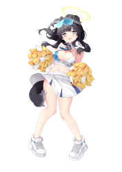 Rule 34 | 1girl, absurdres, animal ears, bare shoulders, black hair, blue archive, blue eyes, breasts, cheerleader, cleavage, crop top, dog ears, dog girl, dog tail, eyewear on head, full body, goggles, goggles on head, halo, hibiki (blue archive), hibiki (cheer squad) (blue archive), highres, holding, holding pom poms, long hair, looking at viewer, medium breasts, midriff, millennium cheerleader outfit (blue archive), miniskirt, navel, open mouth, pleated skirt, pom pom (cheerleading), pom poms, poyadi, shirt, shoes, simple background, skirt, sleeveless, sleeveless shirt, sneakers, solo, sticker on face, sunglasses, tail, white background, white footwear, white skirt, yellow eyes