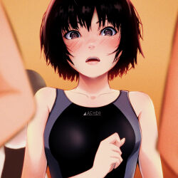 Rule 34 | 1girl, amagami, bare shoulders, black eyes, black hair, black one-piece swimsuit, blue one-piece swimsuit, blush, bob cut, close-up, collarbone, competition swimsuit, highres, looking at viewer, nanasaki ai, one-piece swimsuit, open mouth, oshizu, short hair, solo focus, swimsuit, two-tone swimsuit, upper body