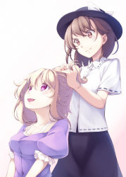 Rule 34 | 2girls, black hat, black skirt, blonde hair, blush, bow, breasts, collared shirt, colored eyelashes, cowboy shot, dress, fedora, friends, from side, gradient background, hairdressing, hand in own hair, hat, hat bow, highres, long hair, looking down, looking up, maribel hearn, medium breasts, midorino eni, multiple girls, open mouth, pink background, puffy short sleeves, puffy sleeves, purple dress, purple eyes, red eyes, ribbon-trimmed clothes, ribbon-trimmed collar, ribbon-trimmed shirt, ribbon-trimmed sleeves, ribbon trim, shirt, short sleeves, sidelocks, sitting, skirt, slit pupils, small breasts, smile, touhou, usami renko, white background