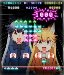 Rule 34 | 2girls, :d, animal ear fluff, animal ears, arcade cabinet, black gloves, black hair, black neckwear, blonde hair, blue jacket, bow, bowtie, brown eyes, commentary request, controller, dl2go, emphasis lines, extra ears, ezo red fox (kemono friends), fox ears, fur-trimmed sleeves, fur trim, gloves, grey hair, hair between eyes, jacket, joystick, kemono friends, long hair, long sleeves, milestone celebration, multicolored hair, multiple girls, necktie, open mouth, orange jacket, playing games, reflection, silver fox (kemono friends), smile, space invaders, two-tone hair, very long hair, white neckwear, yellow neckwear