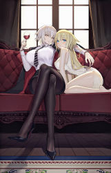 Rule 34 | 2girls, absurdres, alcohol, bare shoulders, black footwear, black jacket, black legwear, black skirt, blonde hair, blue eyes, blush, breasts, cha hou, china dress, chinese clothes, collared shirt, couch, crossed legs, cup, curtains, dress, dress shirt, drinking glass, fate (series), high heels, highres, holding, holding cup, huge breasts, jacket, jacket on shoulders, jeanne d&#039;arc (fate), jeanne d&#039;arc (ruler) (fate), jeanne d&#039;arc alter (avenger) (fate), jeanne d&#039;arc alter (fate), large breasts, long hair, looking at viewer, miniskirt, multiple girls, pale skin, pantyhose, shirt, short hair, side slit, silver hair, sitting, skirt, striped neckwear, white shirt, window, wine glass, wooden floor, yellow eyes
