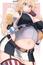 Rule 34 | 3girls, ?, alcohol, beer, beer mug, blonde hair, blue eyes, breasts, cowboy shot, cup, elbow gloves, fairy (kancolle), food, front-tie top, gambier bay (kancolle), giant, giantess, gloves, hair between eyes, holding, holding cup, iowa (kancolle), kantai collection, large breasts, long hair, motion lines, mug, multiple girls, navel, parted lips, size difference, spoken question mark, star-shaped pupils, star (symbol), sweet potato, symbol-only commentary, symbol-shaped pupils, thighhighs, utopia