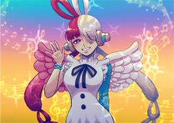 Rule 34 | 1girl, angel wings, artist request, breasts, dress, gradient background, grin, headphones, long hair, looking at viewer, multicolored hair, musical note, one piece, one piece film: red, red hair, salute, shiny skin, smile, standing, two-tone hair, uta (one piece), very long hair, white dress, wide hips, wings
